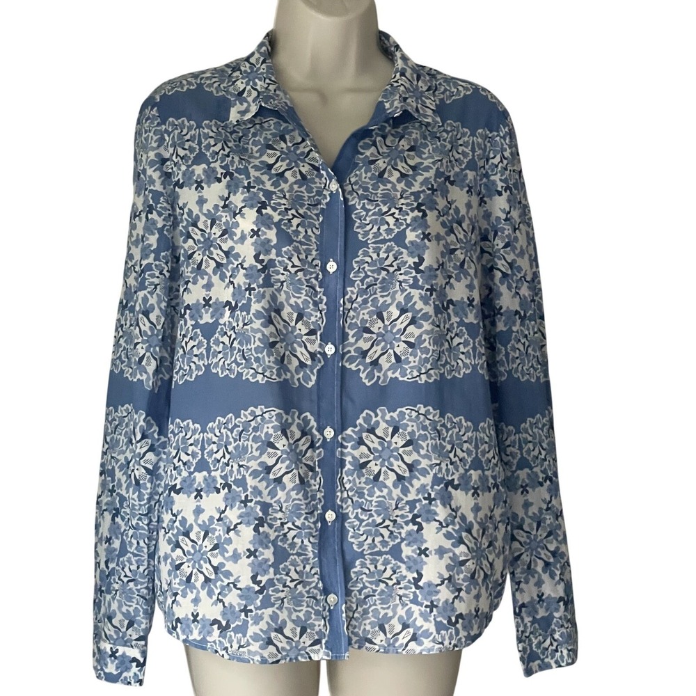 Sézane Pierro Shirt 34 XS Blue White Floral Organic Cotton Button Front Portugal - Picture 10 of 11